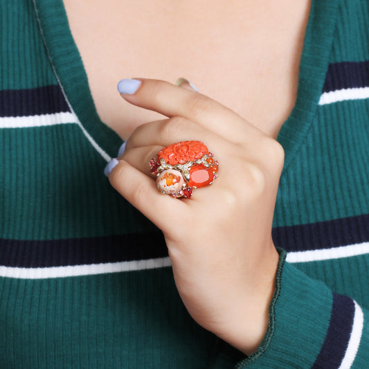 Luxury Hand Carved Coral 12.4ct Fire Opal 9.5ct Red Sapphire 1.15ct and Diamond 0.15ct Ring in 18K Gold