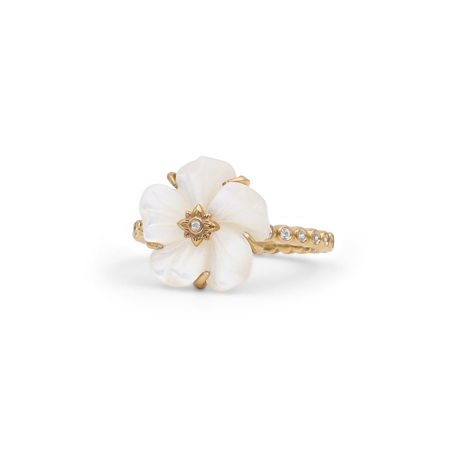 Colorbloom 14mm White Mother of Pearl Flower and White Diamond 0.20ct Ring in 18K Gold