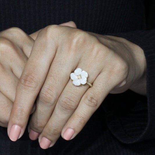Colorbloom 14mm White Mother of Pearl Flower and White Diamond 0.20ct Ring in 18K Gold