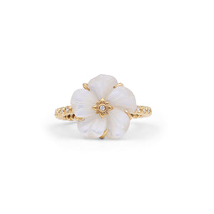 Colorbloom 14mm White Mother of Pearl Flower and White Diamond 0.20ct Ring in 18K Gold