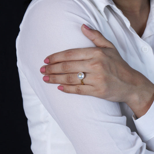 Pearlicious 10mm White Pearl and White Diamond Ring in 18K Gold