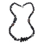 Black Agate Faceted Smooth and Carved Beaded Long Single Strand Necklace with Sterling Silver and Black Spinel Pave Details