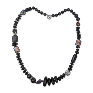 Black Agate Faceted Smooth and Carved Beaded Long Single Strand Necklace with Sterling Silver and Black Spinel Pave Details