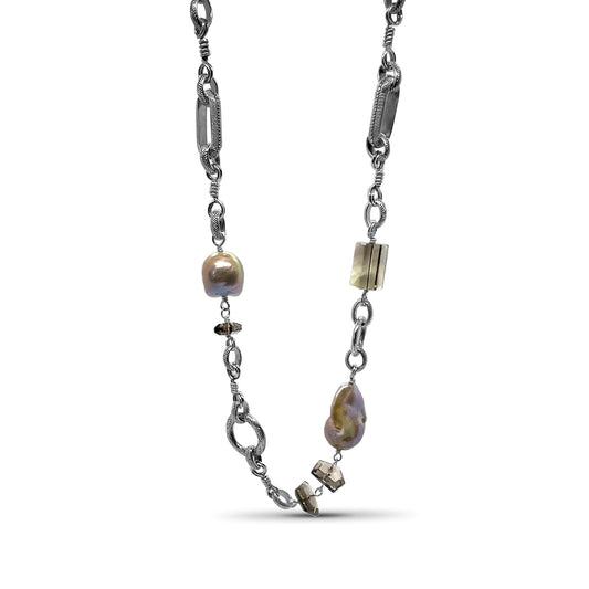 Terraquatic Smoky Quartz and Baroque Pearl Necklace in Sterling Silver