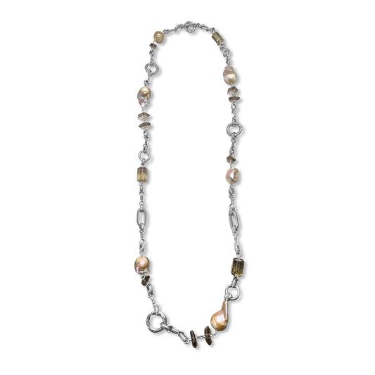 Terraquatic Smoky Quartz and Baroque Pearl Necklace in Sterling Silver