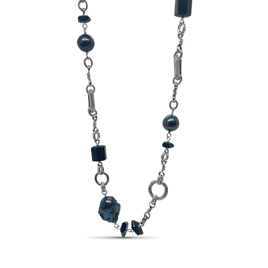 Terraquatic Black Agate and Baroque Pearl Necklace in Sterling Silver
