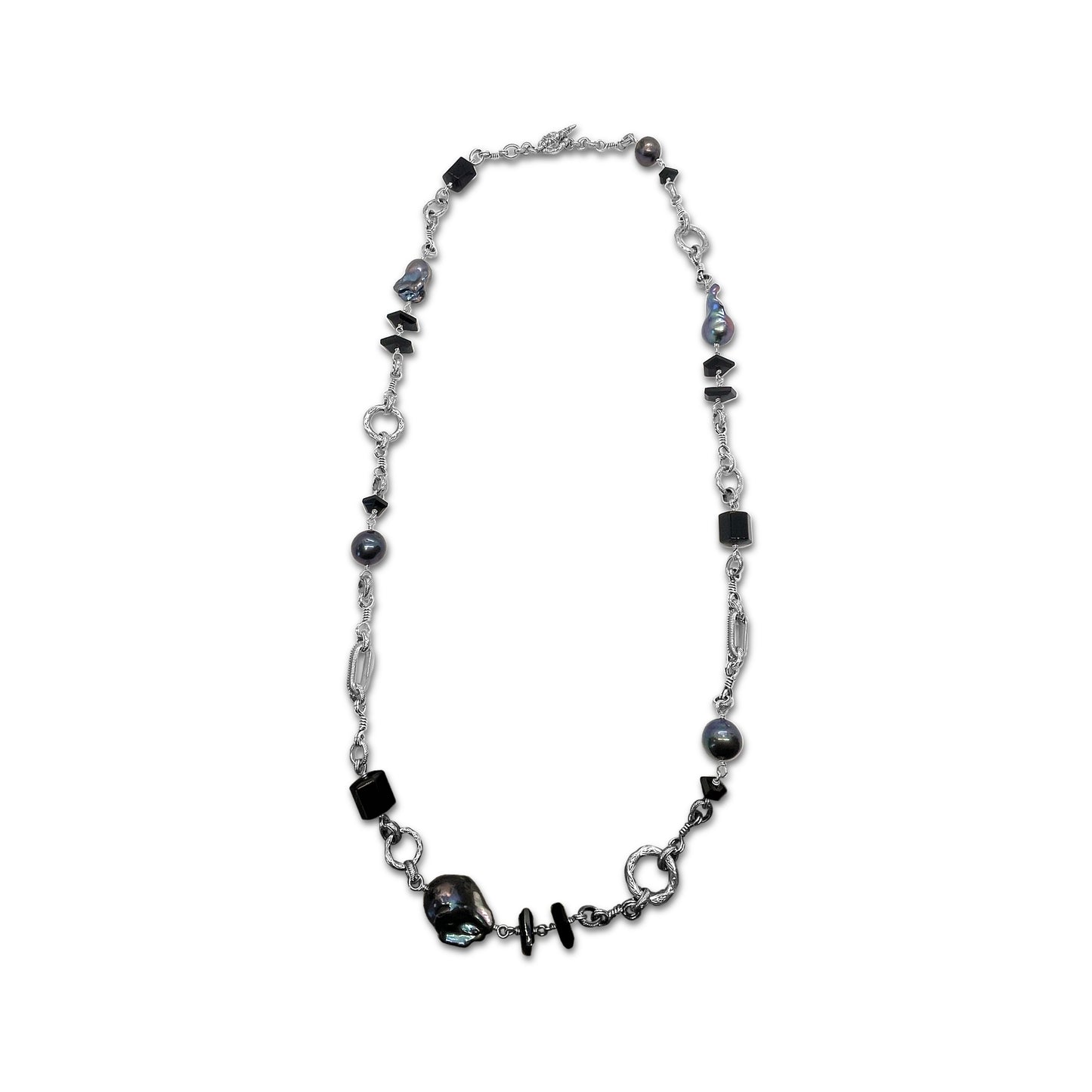 Terraquatic Black Agate and Baroque Pearl Necklace in Sterling Silver