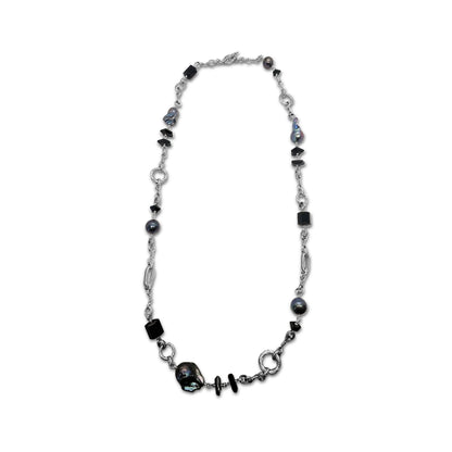 Terraquatic Black Agate and Baroque Pearl Necklace in Sterling Silver