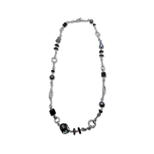 Terraquatic Black Agate and Baroque Pearl Necklace in Sterling Silver