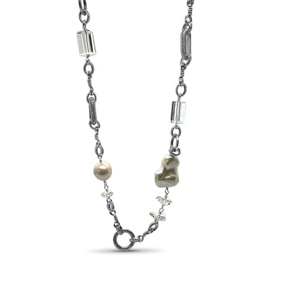 Terraquatic Natural Quartz and Baroque Pearl Necklace in Sterling Silver