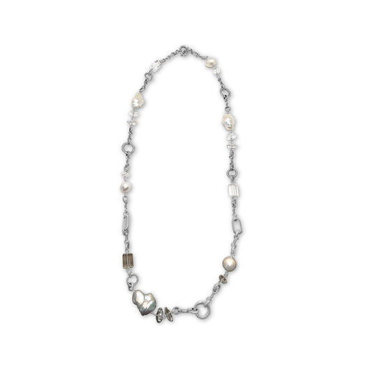 Terraquatic Natural Quartz and Baroque Pearl Necklace in Sterling Silver