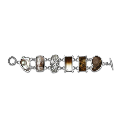 One of a Kind Baroque Pearl Bi-Color Cognac Dendrite and Moss Quartz Chocolate Druzy and Ammonite Bracelet in Sterling Silver with 18K Gold Diamond Pave Adam