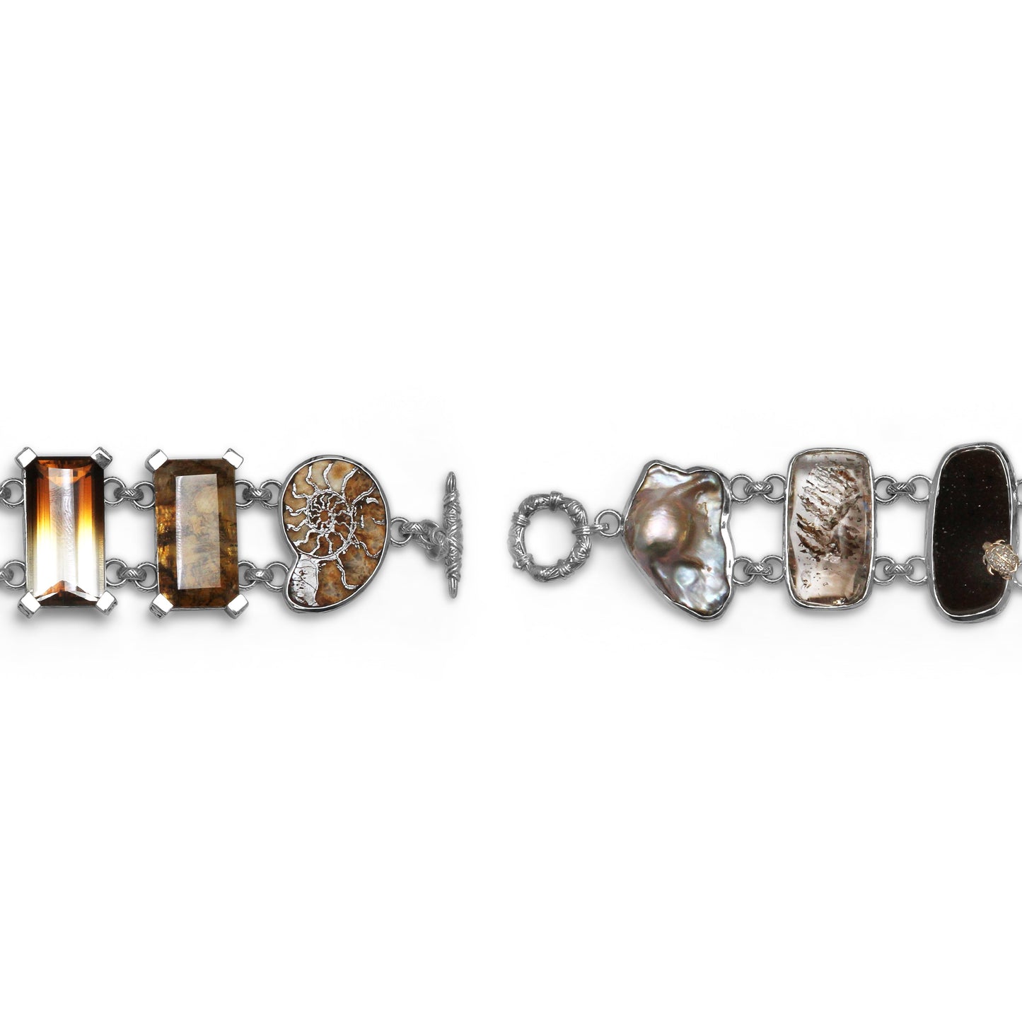 One of a Kind Baroque Pearl Bi-Color Cognac Dendrite and Moss Quartz Chocolate Druzy and Ammonite Bracelet in Sterling Silver with 18K Gold Diamond Pave Adam