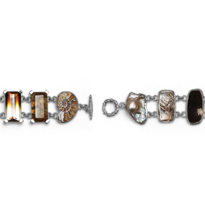 One of a Kind Baroque Pearl Bi-Color Cognac Dendrite and Moss Quartz Chocolate Druzy and Ammonite Bracelet in Sterling Silver with 18K Gold Diamond Pave Adam