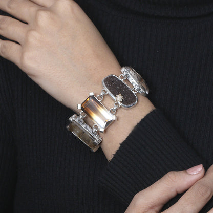 One of a Kind Baroque Pearl Bi-Color Cognac Dendrite and Moss Quartz Chocolate Druzy and Ammonite Bracelet in Sterling Silver with 18K Gold Diamond Pave Adam