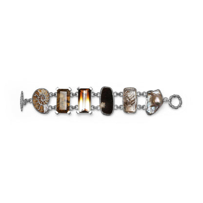 One of a Kind Baroque Pearl Bi-Color Cognac Dendrite and Moss Quartz Chocolate Druzy and Ammonite Bracelet in Sterling Silver with 18K Gold Diamond Pave Adam