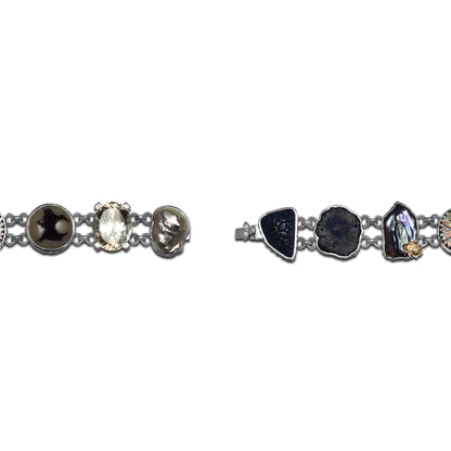 One of a Kind Blue Sapphire Natural Druzy Tahitian Carved Top Over Blue sodalite Azurite Nodule Carved Blue Lapis Pearl Formation Facet Champagne Pearl Formation Bracelet in Sterling Silver with 18K Gold Adam