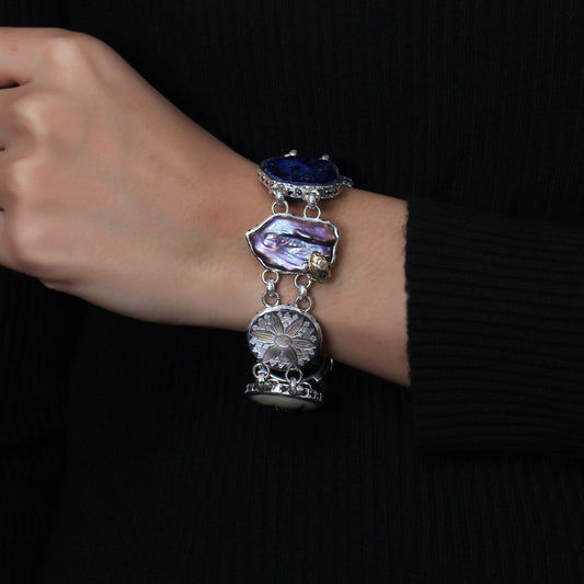 One of a Kind Blue Sapphire Natural Druzy Tahitian Carved Top Over Blue sodalite Azurite Nodule Carved Blue Lapis Pearl Formation Facet Champagne Pearl Formation Bracelet in Sterling Silver with 18K Gold Adam