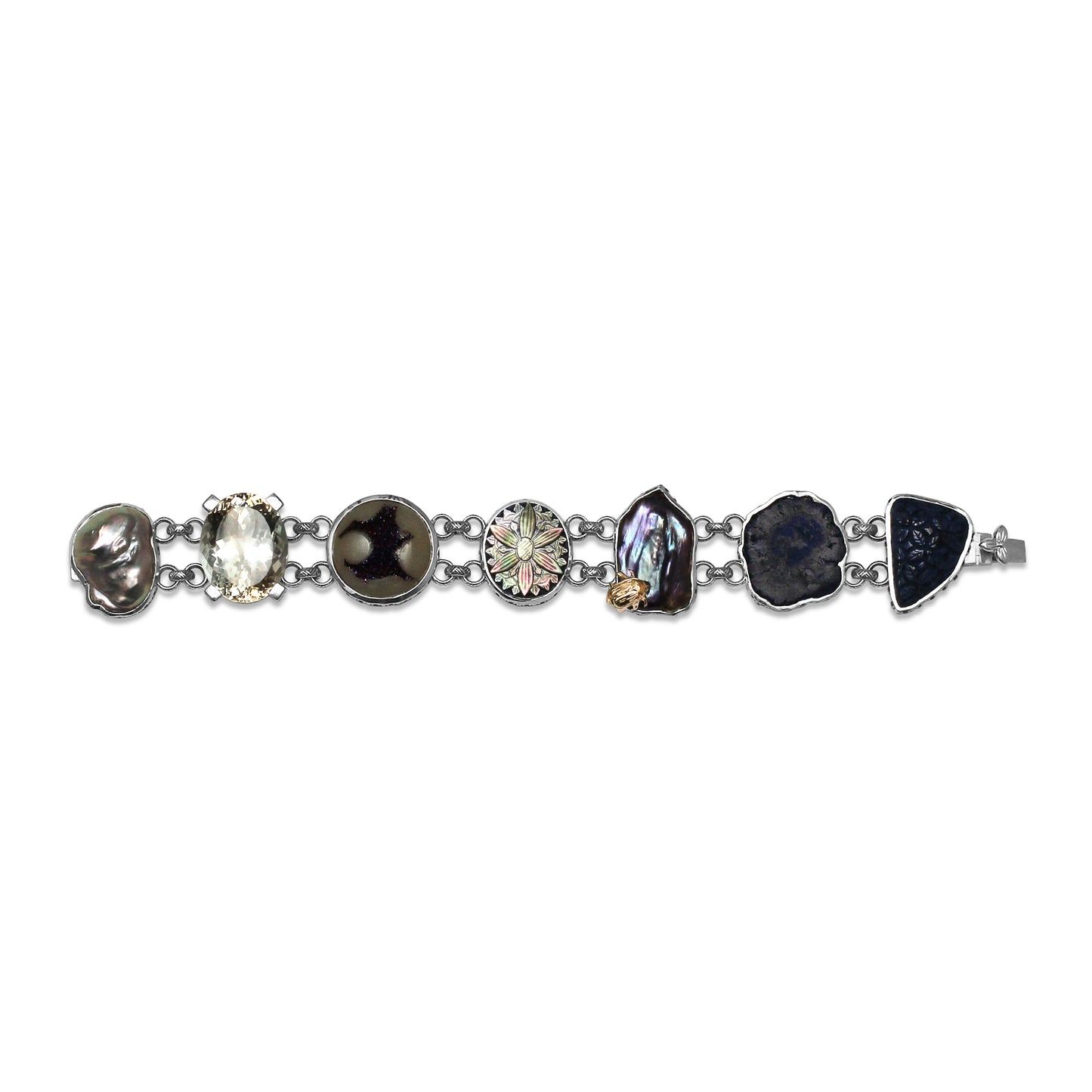 One of a Kind Blue Sapphire Natural Druzy Tahitian Carved Top Over Blue sodalite Azurite Nodule Carved Blue Lapis Pearl Formation Facet Champagne Pearl Formation Bracelet in Sterling Silver with 18K Gold Adam