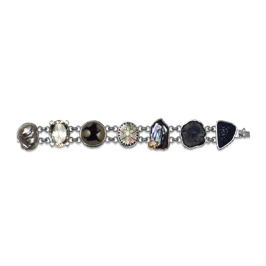 One of a Kind Blue Sapphire Natural Druzy Tahitian Carved Top Over Blue sodalite Azurite Nodule Carved Blue Lapis Pearl Formation Facet Champagne Pearl Formation Bracelet in Sterling Silver with 18K Gold Adam