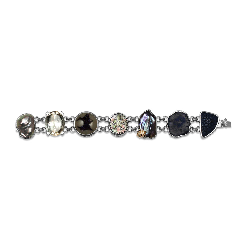 One of a Kind Blue Sapphire Natural Druzy Tahitian Carved Top Over Blue sodalite Azurite Nodule Carved Blue Lapis Pearl Formation Facet Champagne Pearl Formation Bracelet in Sterling Silver with 18K Gold Adam