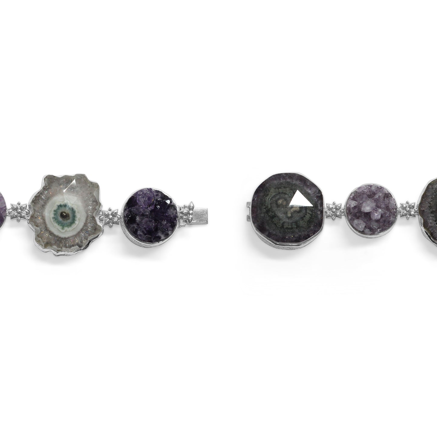 One of a Kind Amethyst Crust Drusy Natural Quartz facet Top over Stalactite Slice Doublet and Diamond 0.13ct Bracelet in Sterling Silver with 18K Gold Diamond Pave Adam