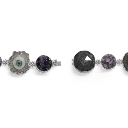One of a Kind Amethyst Crust Drusy Natural Quartz facet Top over Stalactite Slice Doublet and Diamond 0.13ct Bracelet in Sterling Silver with 18K Gold Diamond Pave Adam
