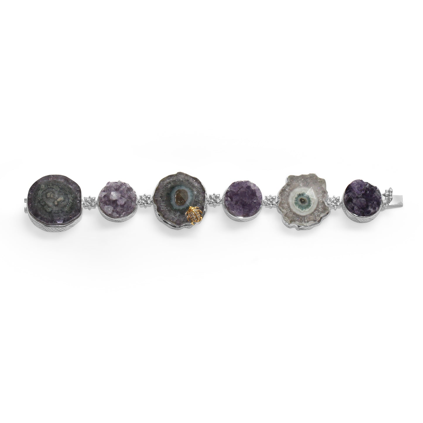 One of a Kind Amethyst Crust Drusy Natural Quartz facet Top over Stalactite Slice Doublet and Diamond 0.13ct Bracelet in Sterling Silver with 18K Gold Diamond Pave Adam