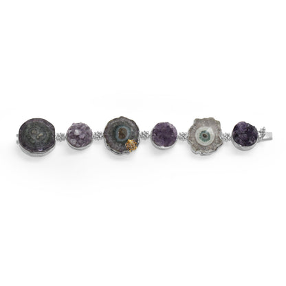 One of a Kind Amethyst Crust Drusy Natural Quartz facet Top over Stalactite Slice Doublet and Diamond 0.13ct Bracelet in Sterling Silver with 18K Gold Diamond Pave Adam