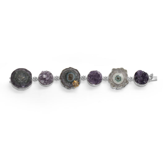 One of a Kind Amethyst Crust Drusy Natural Quartz facet Top over Stalactite Slice Doublet and Diamond 0.13ct Bracelet in Sterling Silver with 18K Gold Diamond Pave Adam