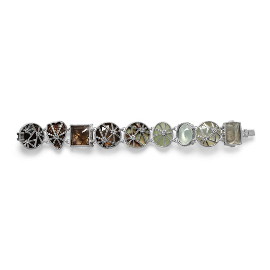 One of a Kind Facet Gold Hair Rutilated Green Moonstone Facet Brown Milky Quartz Facet Green MoonstoneFacet top Jade Facet Green Hair Rutilated Quartz Cooper Schist and Diamond 0.08ct Bracelet in Sterling Silver with 18K Gold Diamond Pave Adam