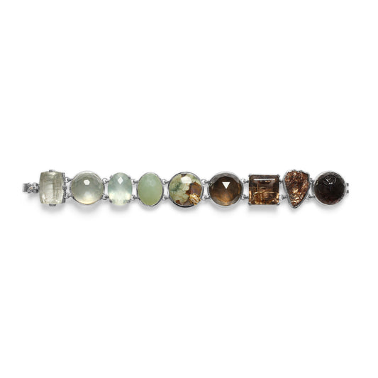 One of a Kind Facet Gold Hair Rutilated Green Moonstone Facet Brown Milky Quartz Facet Green MoonstoneFacet top Jade Facet Green Hair Rutilated Quartz Cooper Schist and Diamond 0.08ct Bracelet in Sterling Silver with 18K Gold Diamond Pave Adam