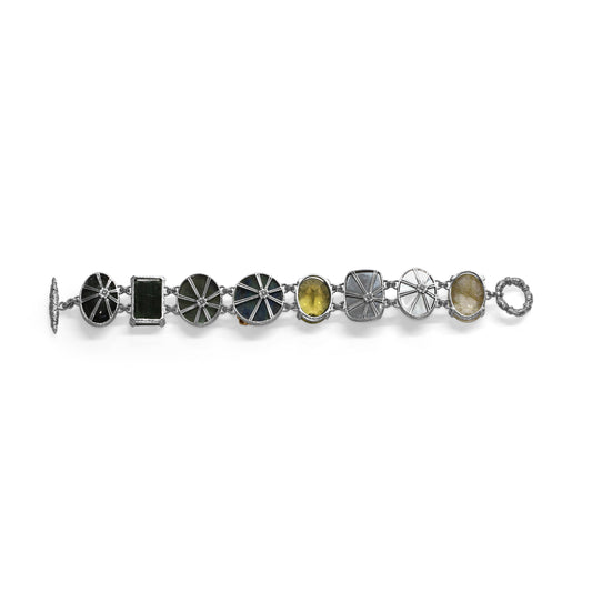 One of a Kind Smooth Labradorite Facet Green Hair Rutilated Quartz Facet Gold hair Rutilated Quartz Facet OliveHand Carved Labradorite Smooth Green Tourmaline and Diamond 0.05ct Bracelet in Sterling Silver with 18K Gold Diamond Pave Adam