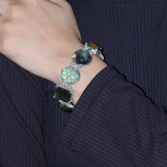 One of a Kind Smooth Labradorite Facet Green Hair Rutilated Quartz Facet Gold hair Rutilated Quartz Facet OliveHand Carved Labradorite Smooth Green Tourmaline and Diamond 0.05ct Bracelet in Sterling Silver with 18K Gold Diamond Pave Adam