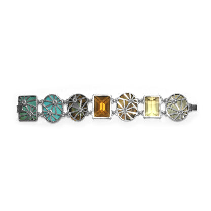 One of a Kind Citrine Carved Turquoise Cognac Turquoise Gold Rutilated Over Turquoise Carved Over Gold Plaque and Diamond 0.13ct Bracelet in Sterling Silver with 18K Gold Diamond Pave Adam