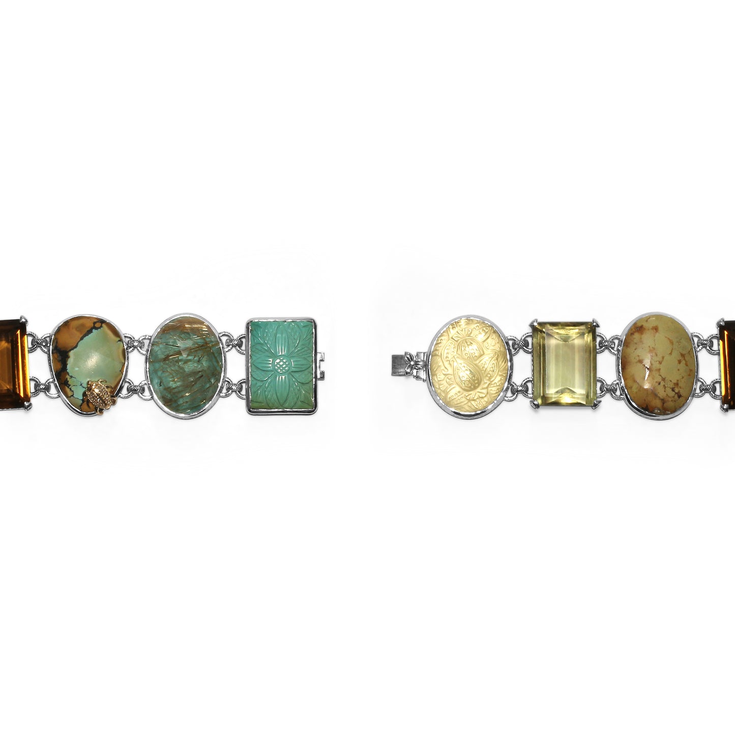 One of a Kind Citrine Carved Turquoise Cognac Turquoise Gold Rutilated Over Turquoise Carved Over Gold Plaque and Diamond 0.13ct Bracelet in Sterling Silver with 18K Gold Diamond Pave Adam