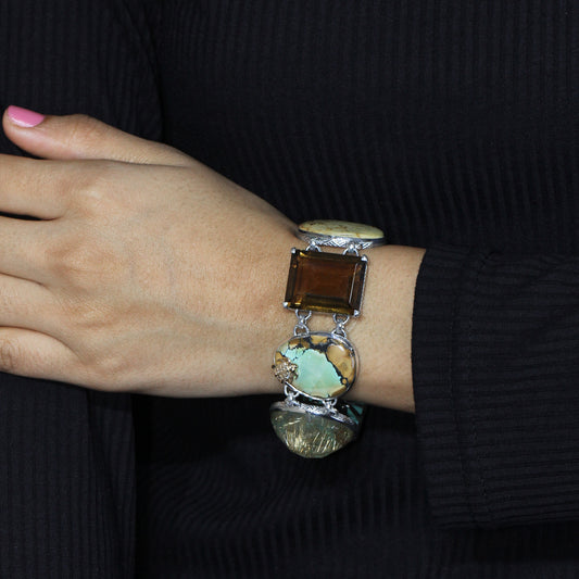 One of a Kind Citrine Carved Turquoise Cognac Turquoise Gold Rutilated Over Turquoise Carved Over Gold Plaque and Diamond 0.13ct Bracelet in Sterling Silver with 18K Gold Diamond Pave Adam