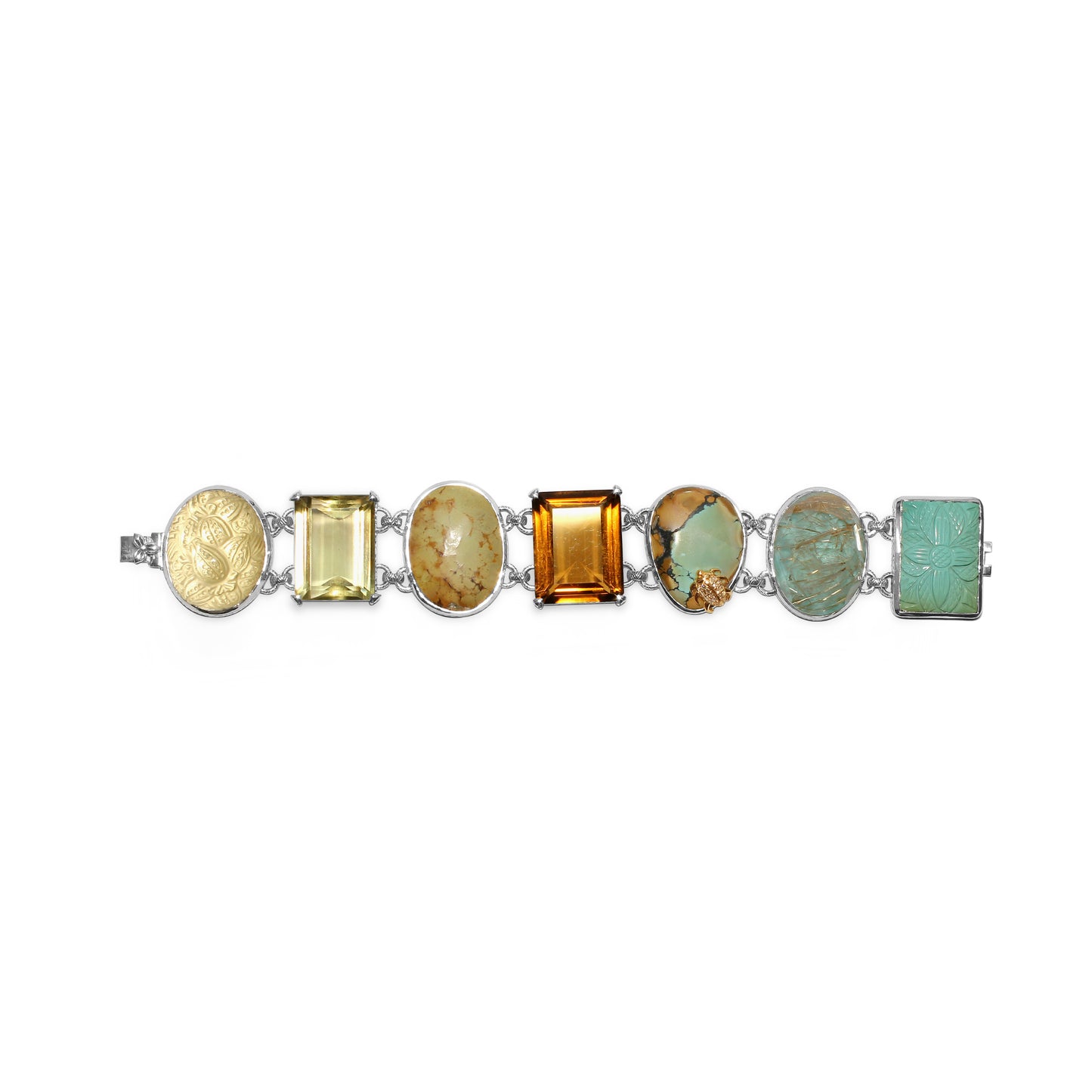 One of a Kind Citrine Carved Turquoise Cognac Turquoise Gold Rutilated Over Turquoise Carved Over Gold Plaque and Diamond 0.13ct Bracelet in Sterling Silver with 18K Gold Diamond Pave Adam