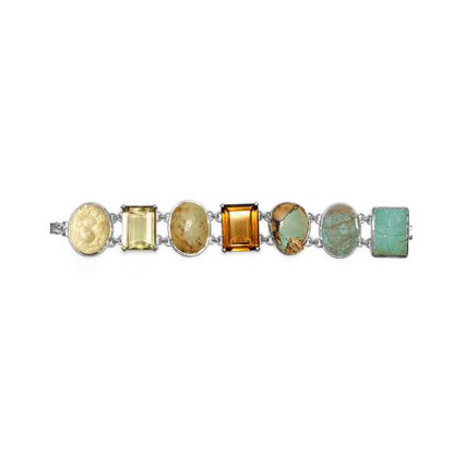 One of a Kind Citrine Carved Turquoise Cognac Turquoise Gold Rutilated Over Turquoise Carved Over Gold Plaque and Diamond 0.13ct Bracelet in Sterling Silver with 18K Gold Diamond Pave Adam