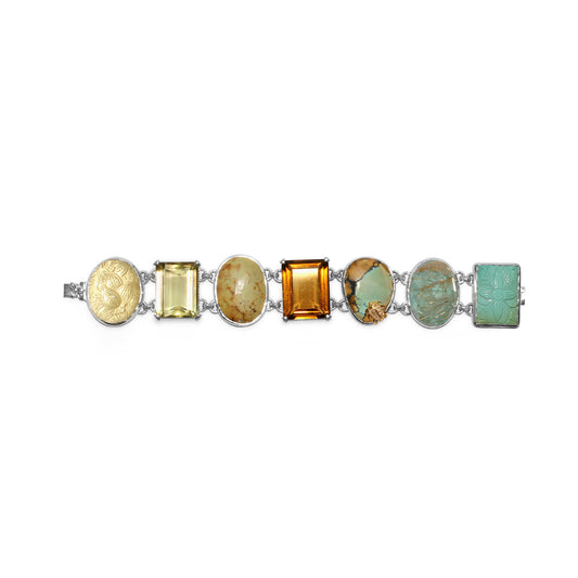 One of a Kind Citrine Carved Turquoise Cognac Turquoise Gold Rutilated Over Turquoise Carved Over Gold Plaque and Diamond 0.13ct Bracelet in Sterling Silver with 18K Gold Diamond Pave Adam