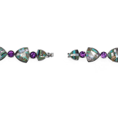 One of a Kind Facet Amethyst Pastel Color Mosaic and Diamond 0.14ct Bracelet in Sterling Silver with 18K Gold Diamond Pave Adam