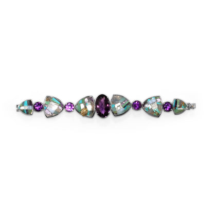 One of a Kind Facet Amethyst Pastel Color Mosaic and Diamond 0.14ct Bracelet in Sterling Silver with 18K Gold Diamond Pave Adam