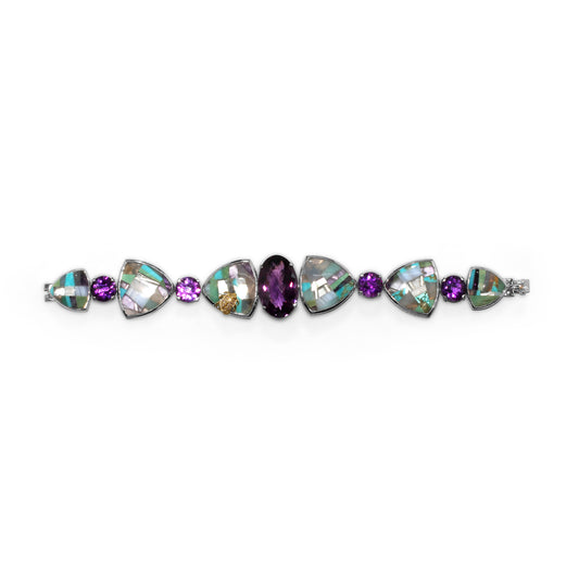 One of a Kind Facet Amethyst Pastel Color Mosaic and Diamond 0.14ct Bracelet in Sterling Silver with 18K Gold Diamond Pave Adam
