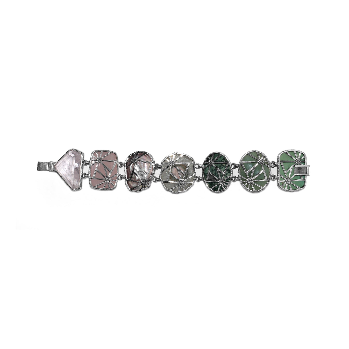 One of a Kind Facet Top Rose Quartz Smooth Howlite Facet Top Flat Back Green Jade Natural Quartz Over Stalactite Natural Pearl Hand Carved Green Turquoise Facet Rose Quartz and Diamond 0.13ct Bracelet in Sterling Silver with 18K Gold Diamond Pave Adam