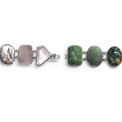 One of a Kind Facet Top Rose Quartz Smooth Howlite Facet Top Flat Back Green Jade Natural Quartz Over Stalactite Natural Pearl Hand Carved Green Turquoise Facet Rose Quartz and Diamond 0.13ct Bracelet in Sterling Silver with 18K Gold Diamond Pave Adam
