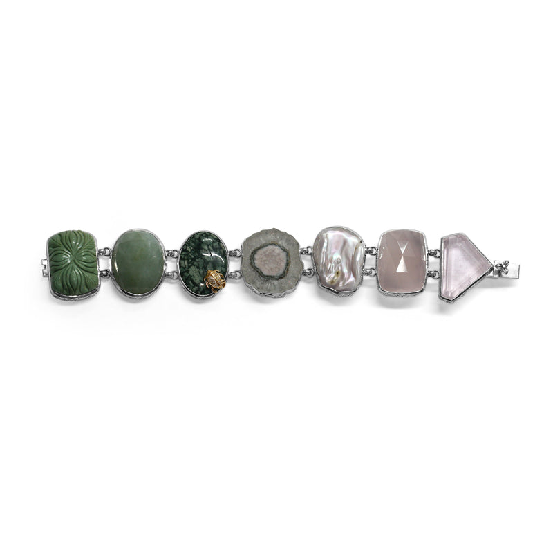 One of a Kind Facet Top Rose Quartz Smooth Howlite Facet Top Flat Back Green Jade Natural Quartz Over Stalactite Natural Pearl Hand Carved Green Turquoise Facet Rose Quartz and Diamond 0.13ct Bracelet in Sterling Silver with 18K Gold Diamond Pave Adam