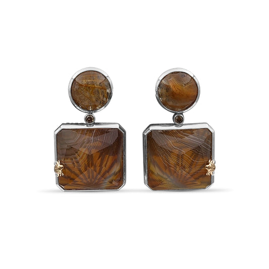 One of a Kind Red Hair Rutilated Quartz Natural Quartz Agate and Champagne Diamond 0.15ct Earring in Sterling Silver with 18K Gold Adam