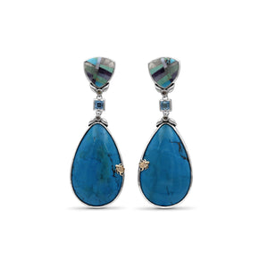 One of a Kind Pastel color mosaic Blue Topaz Turquoise and Champagne Diamond 0.19ct Earring in Sterling Silver with 18K Gold Adam