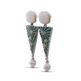 One of a Kind Hand Carved Mother of Pearl Green Agate Baroque Pearl and Diamond 0.30ct Earring in Sterling Silver with 18K Gold Flowers and Adam