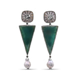 One of a Kind Hand Carved Mother of Pearl Green Agate Baroque Pearl and Diamond 0.30ct Earring in Sterling Silver with 18K Gold Flowers and Adam